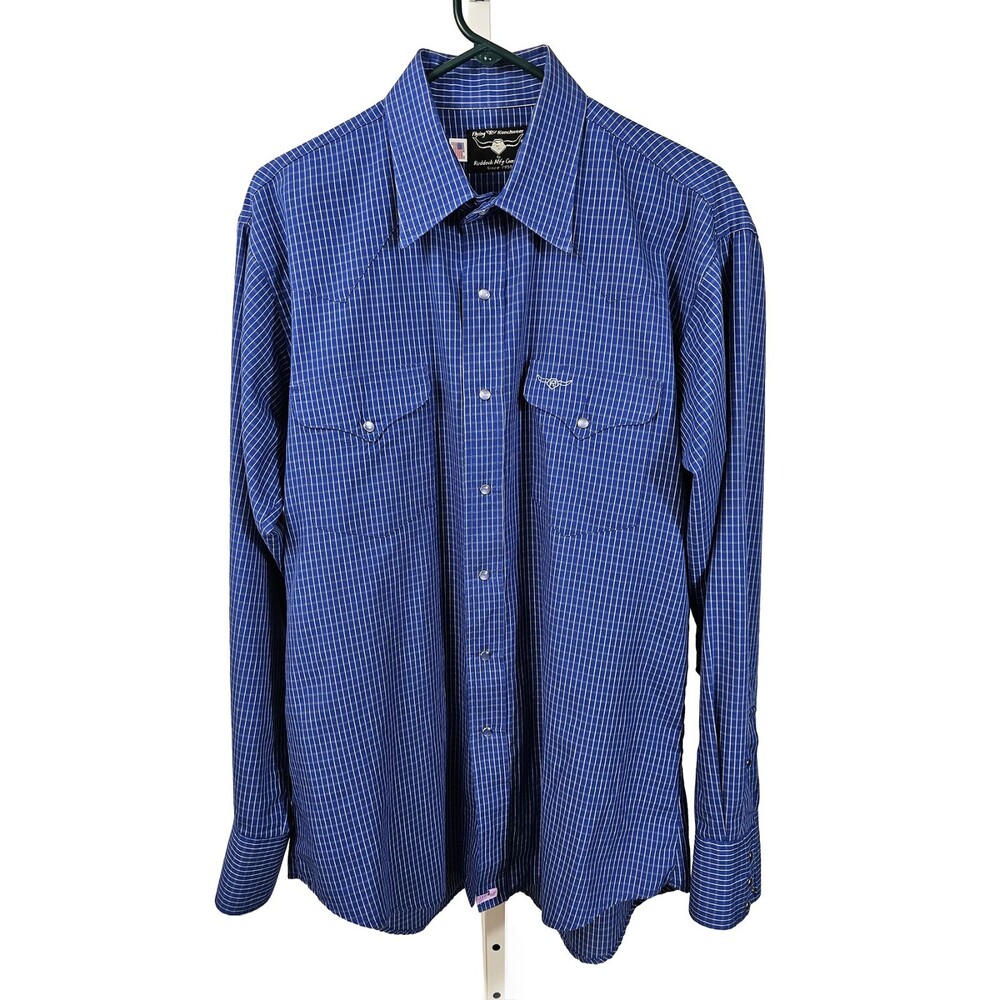 Flying R Ranchwear XL Western Blue White Windowpane Pearl Buttons Button Up